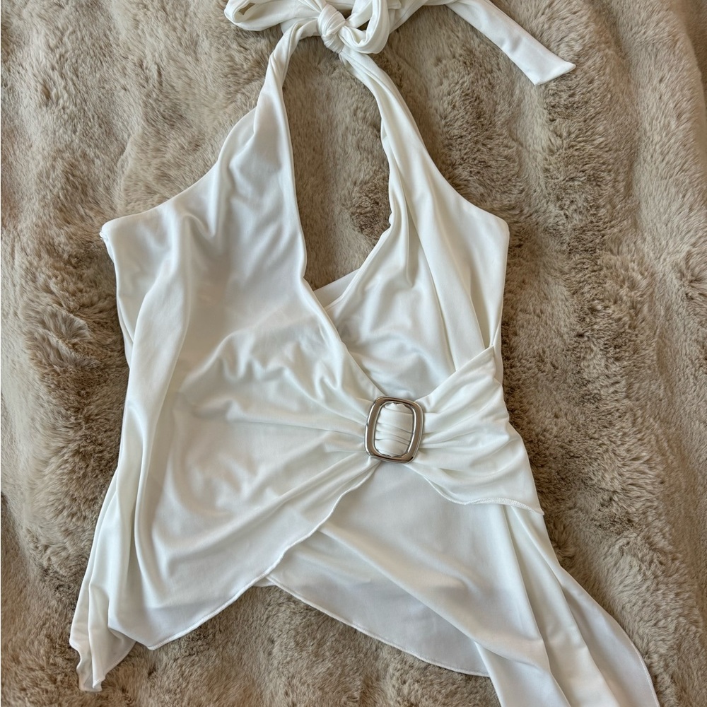 I.AM.GIA White Asymmetrical Tie Front Tank Top